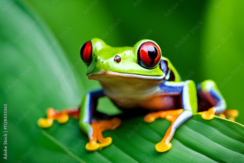 Naklejka premium A red-eyed tree frog on a leaf in Indonesia.