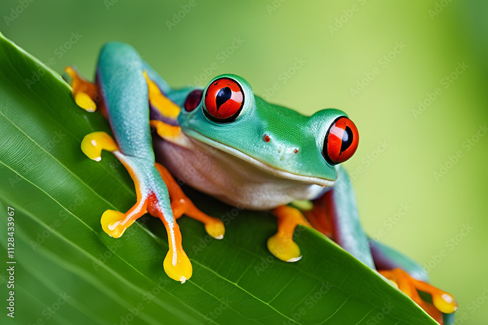 Obraz premium A red-eyed tree frog (Agalychnis callidryas) perched on a leaf in Indonesia.