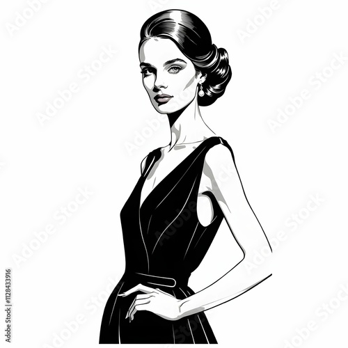 Obraz na płótnie この画像は、モノクロタッチで描かれたエレガントな女性のイラストである。シンプルながら洗練されたデザインのドレスを着用し、髪はクラシックなアップスタイルにまとめられている。小ぶりなイヤリングが控えめながらもアクセントとして効果的に配置され、顔立ちは端正で知的な印象を与える。全体のポーズと構図は優雅さと自信を表現しており、クラシカルな雰囲気とモダンな魅力が融合している。