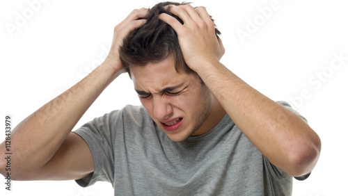 Anxious Man Struggling with Intense Frustration isolated on white