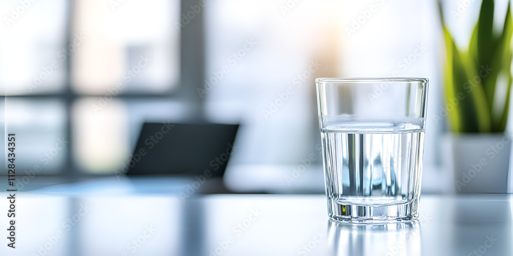 Glass of Water on Modern Desk with Soft Lighting Glass of Water on Modern Desk with Soft Lighting