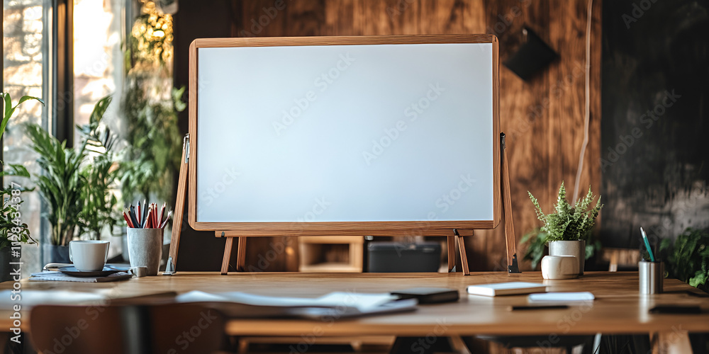 Empty Whiteboard in Cozy Natural Workspace Empty Whiteboard in Cozy Natural Workspace