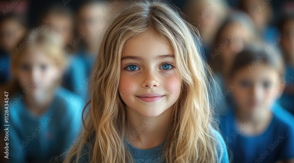 Portrait of a cute girl with long blonde hair and blue eyes, sitting in front of a blurred group of children. Portrait of a cute girl with long blonde hair and blue eyes, sitting in front of a blurred group of children.