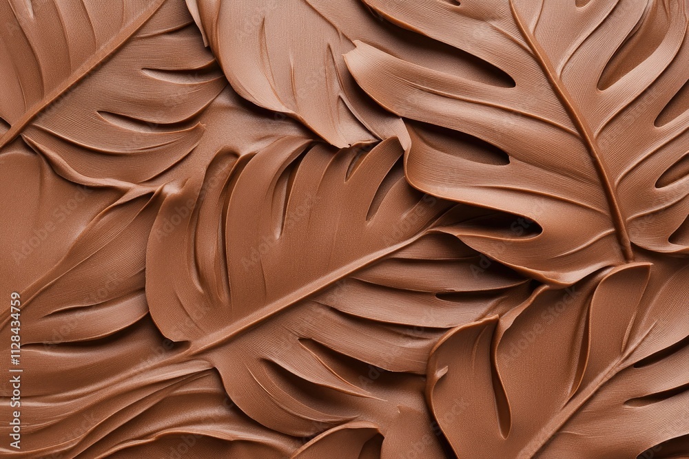 Obraz premium Abstract background texture of milk chocolate or mocha mousse in the shape of tropical leaves. Floral pattern in trendy color of the year 2025