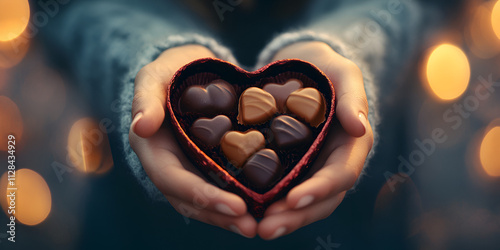 Hands Holding Heart Shaped Box of Chocolates with Bokeh Lights