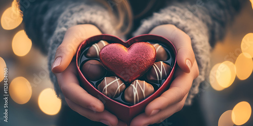 Hands Holding Heart Shaped Box of Chocolates with Bokeh Lights