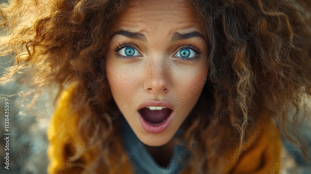 Astonished Woman with Curly Hair and Blue Eyes Astonished Woman with Curly Hair and Blue Eyes