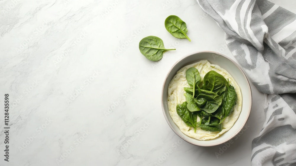 Obraz premium A bowl of creamy dip topped with fresh spinach leaves on a marble surface.