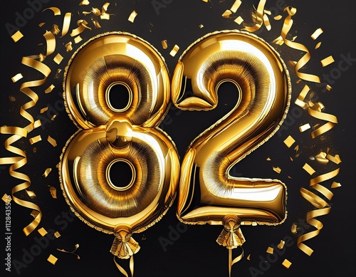 Gold birthday / anniversary balloon, number 82, black background with confetti photo