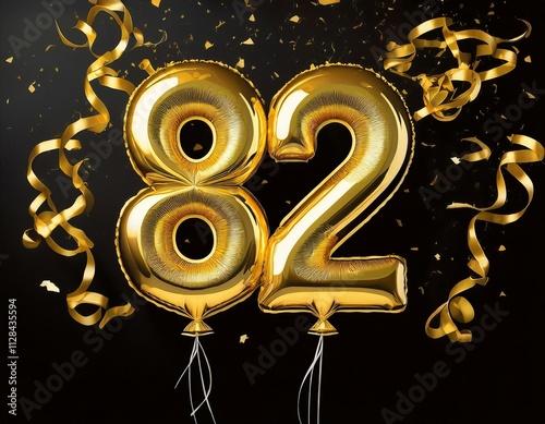 Gold birthday / anniversary balloon, number 82, black background with confetti photo