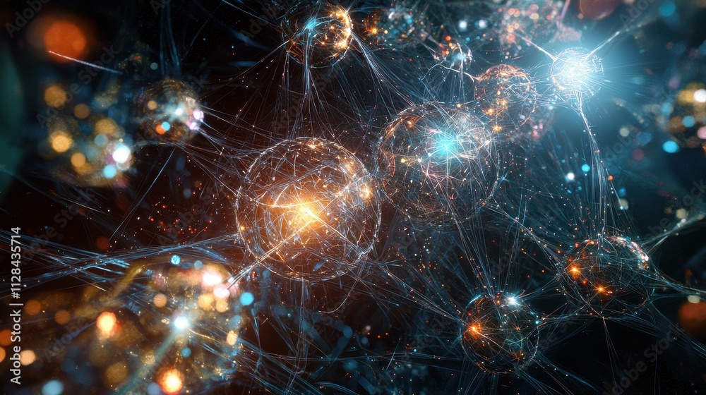 Abstract representation of molecular structures and interconnected particles glowing in a dark background, symbolizing scientific exploration and innovation in a digital age. Abstract representation of molecular structures and interconnected particles glowing in a dark background, symbolizing scientific exploration and innovation in a digital age.