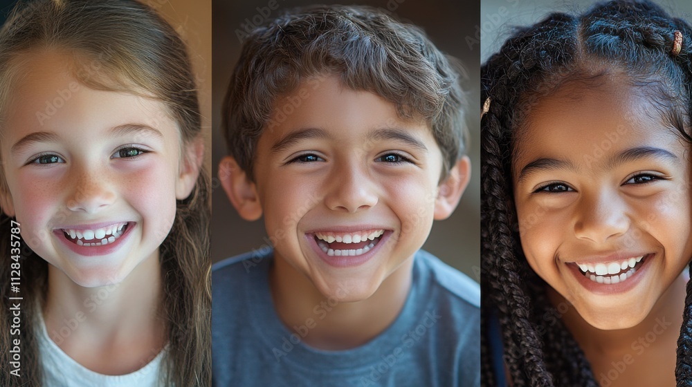 Closeup of three smiling children, a white boy with light brown hair and a fun expression, a Black girl with braided hair and a happy grin Closeup of three smiling children, a white boy with light brown hair and a fun expression, a Black girl with braided hair and a happy grin