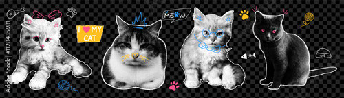 Set of halftone cats with doodle elements. Vector elements in pop art style. Y2k collage design.