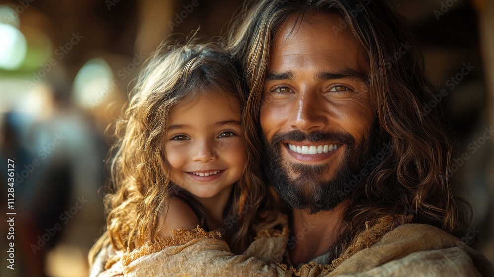 digital composite image of jesus christ with a kid in his arms smiling digital illustration digital composite image of jesus christ with a kid in his arms smiling digital illustration