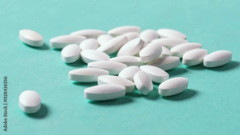 White oval medical pills on a blue background with copy space White oval medical pills on a blue background with copy space