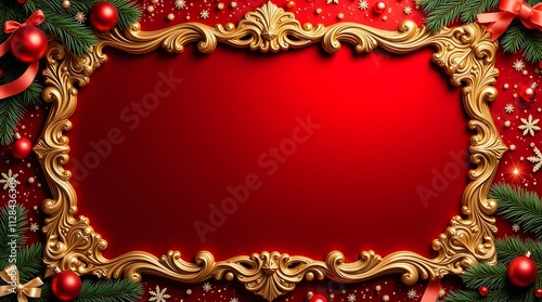 Red Festive Background: A Golden Frame with Christmas Ornaments and Pine Branches.