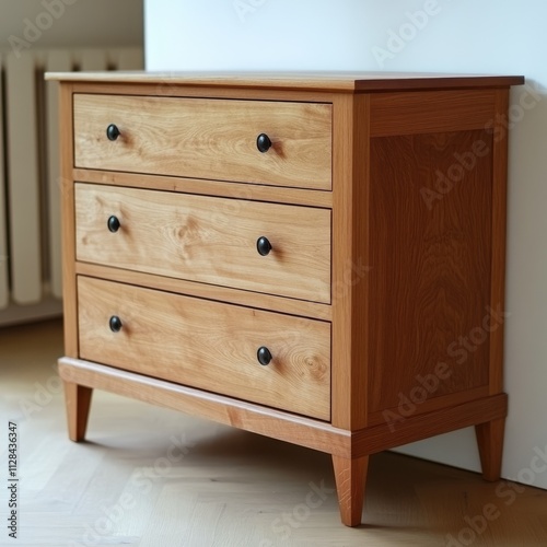 Three-drawer wooden chest of drawers in light wood with black knobs, standing on light wood floor.