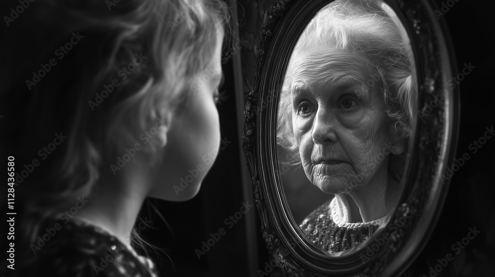 Young Girl Gazes Into a Mirror, Discovering the Reflection of an Elderly Woman, Symbolizing the Bond of Generations and Aging