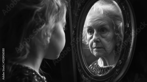 Young Girl Gazes Into a Mirror, Discovering the Reflection of an Elderly Woman, Symbolizing the Bond of Generations and Aging 