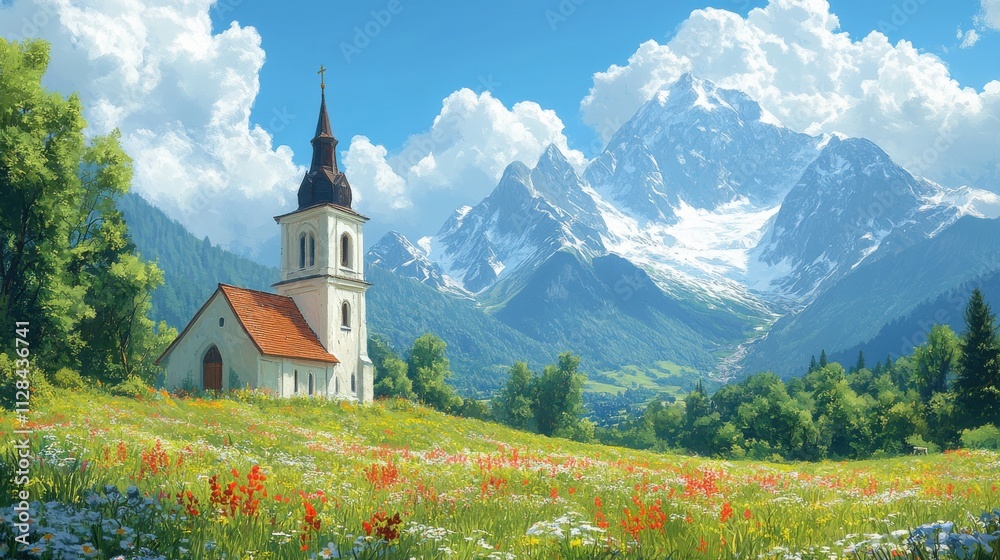 digital painting of a church in a meadow and mountains in the background digital painting of a church in a meadow and mountains in the background