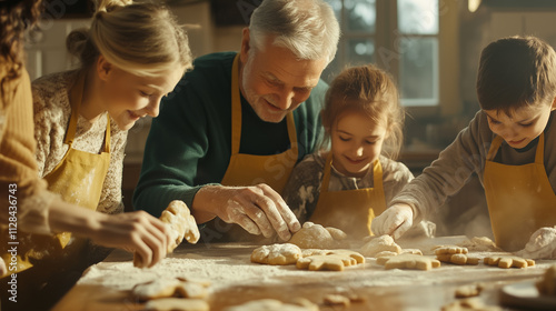 Obraz na płótnie Joyful Moments of a Multigenerational Family Baking Cookies Together in a Warm, Cozy Kitchen Filled With Laughter and Love w salonie