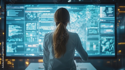 A female technology consultant guiding clients through a software demo on a large screen Her confident gestures and clear explanations showcase her expertise