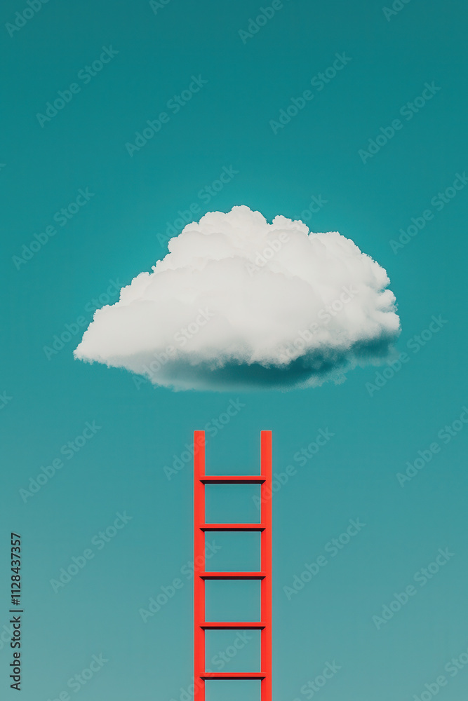 Surreal Journey: Red Ladder Ascending to Dreamy Clouds Against a Blue Sky - A Minimalist Vision of Ambition and Inspiration Surreal Journey: Red Ladder Ascending to Dreamy Clouds Against a Blue Sky - A Minimalist Vision of Ambition and Inspiration