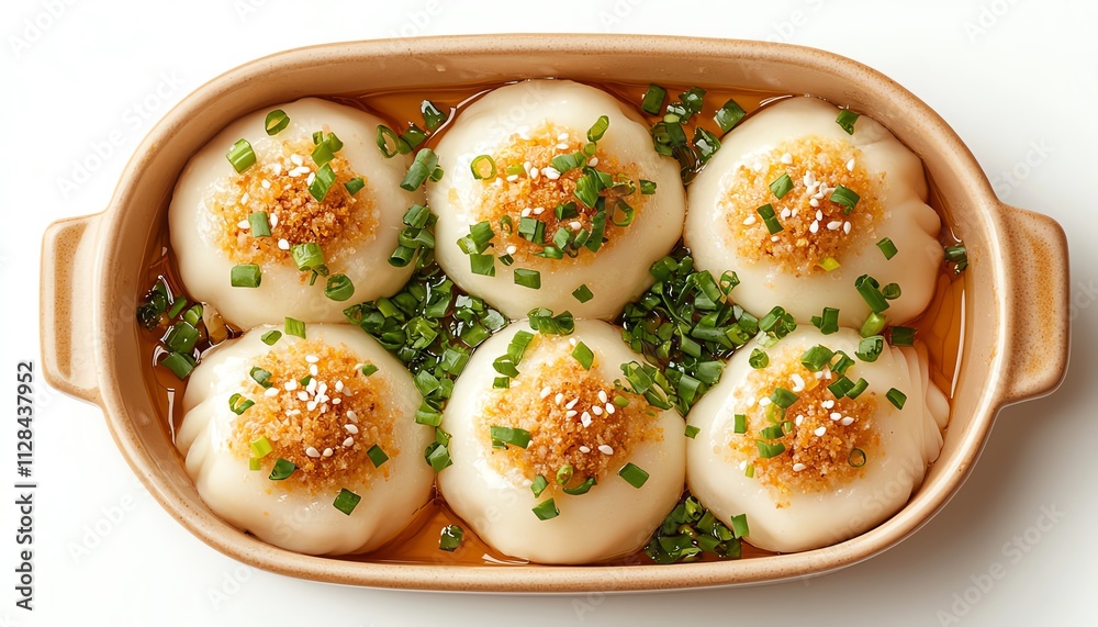Delicious bao buns garnished with sesame and green onions, served in a dish. Delicious bao buns garnished with sesame and green onions, served in a dish.