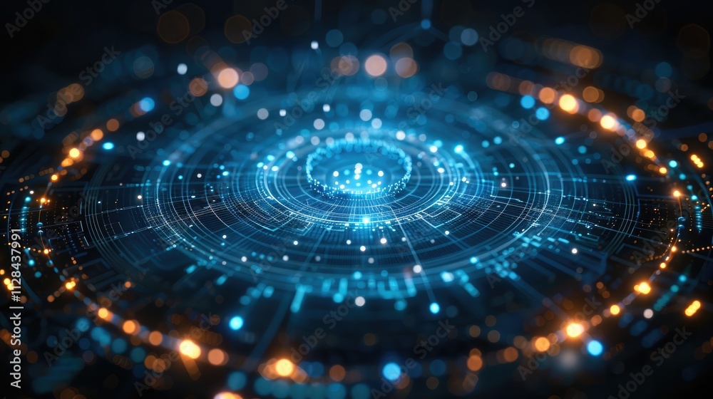 Futuristic interface with a circular shape in the center. The shape is made up of a series of interconnected lines and dots, creating a grid-like pattern. The background is black. Futuristic interface with a circular shape in the center. The shape is made up of a series of interconnected lines and dots, creating a grid-like pattern. The background is black.