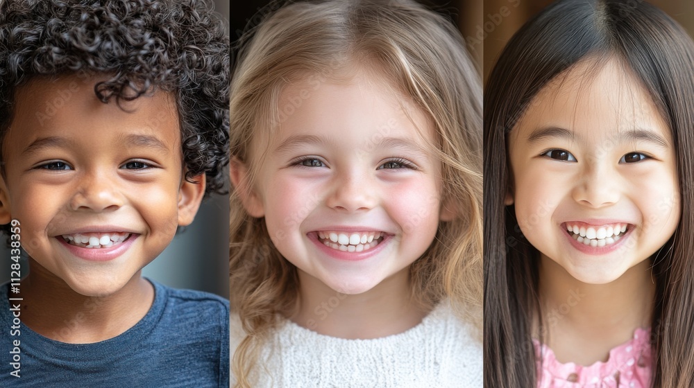Closeup of three young children, a Black boy with curly hair and a big smile, a white girl with straight brown hair and a joyful expression Closeup of three young children, a Black boy with curly hair and a big smile, a white girl with straight brown hair and a joyful expression
