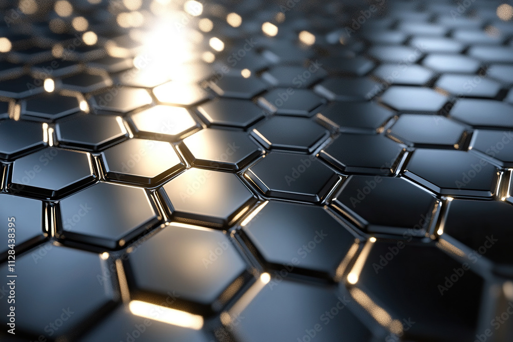 Fototapeta premium Hexagonal pattern of solid metal wall background in black color reminiscent of honeycomb. Generated by artificial intelligence