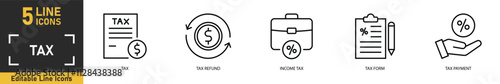 Tax line icon set. Set of 5 outline icons related to tax, refund, income, tax form, tax payment and more. Vector illustration.