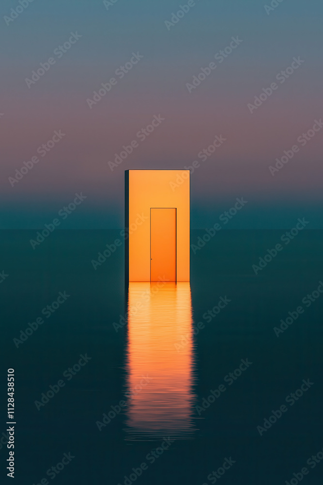 Surreal Minimalist Orange Door Reflecting on Water at Sunset, Blending Architecture with Nature in a Tranquil Horizon Surreal Minimalist Orange Door Reflecting on Water at Sunset, Blending Architecture with Nature in a Tranquil Horizon