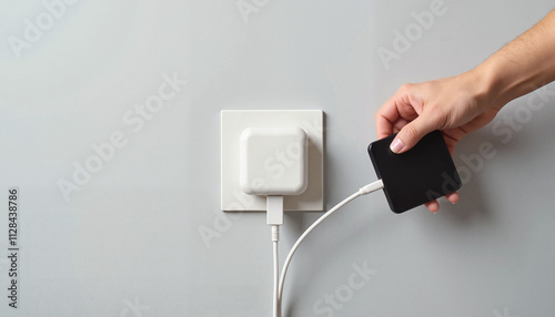 Person plugging a smartphone charger into a modern wall socket against a light background