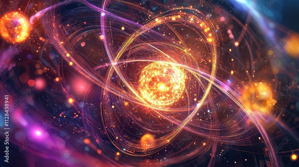 Abstract Representation of Atomic Structure with Glowing Particles and Energy Waves, Illustrating Concepts of Science and Physics in a Colorful Universe Setting Abstract Representation of Atomic Structure with Glowing Particles and Energy Waves, Illustrating Concepts of Science and Physics in a Colorful Universe Setting