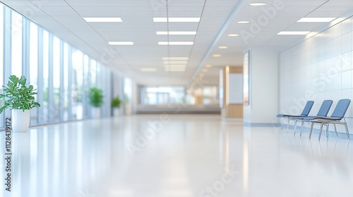 Empty Clinic Serene Blue And White Medical Hallway With Minimalist Design Awaits Visitors