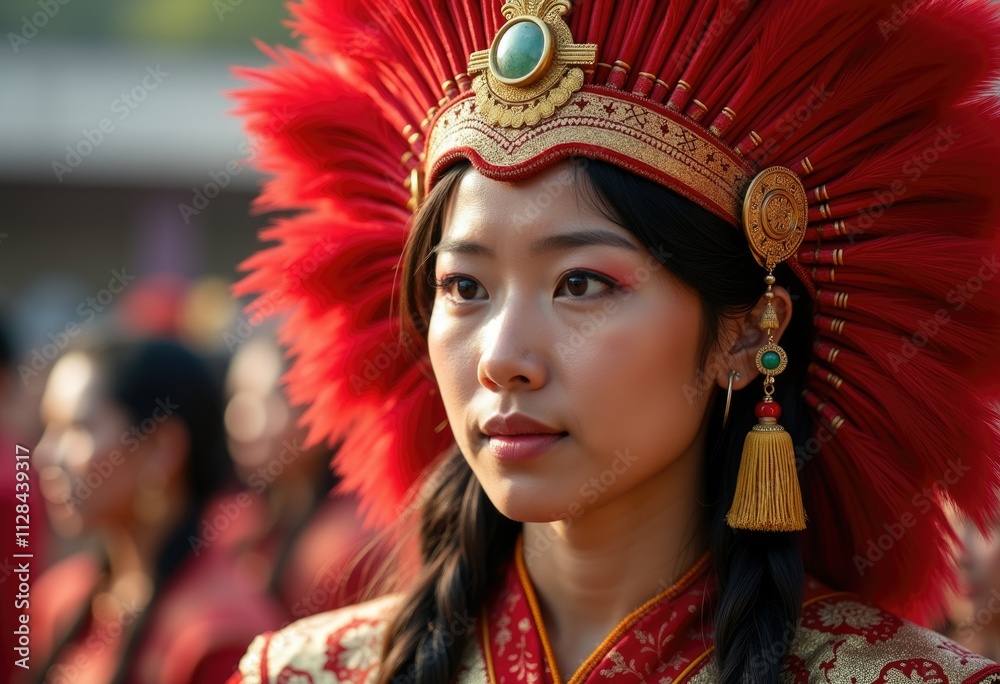 A woman wearing a traditional red headdress with gold accents and jewelry looks intently off-camera. A woman wearing a traditional red headdress with gold accents and jewelry looks intently off-camera.