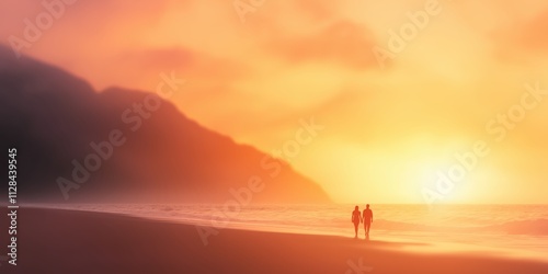 A romantic silhouette of a couple walking hand in hand on a beach at sunset, creating a serene and intimate moment representing love and companionship in natural beauty.