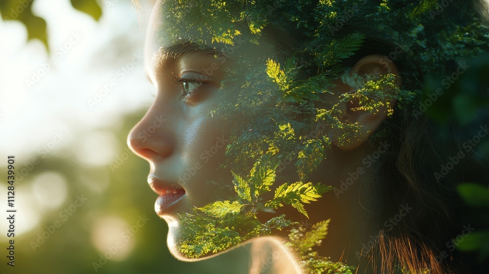 double exposure of young woman with green leaves in her hair in the forest double exposure of young woman with green leaves in her hair in the forest
