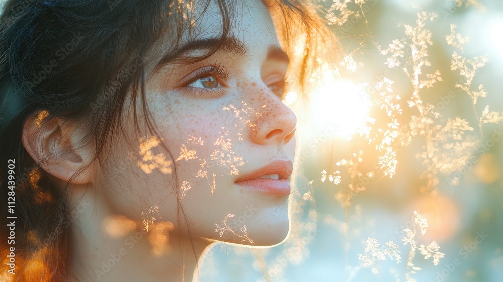 double exposure portrait of young woman white cross rays of light and nature pattern background double exposure portrait of young woman white cross rays of light and nature pattern background