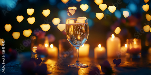 Romantic Candlelit Champagne Glass with Heart Decorations