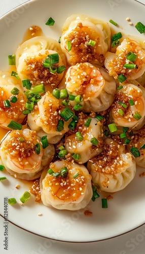 Delicious dumplings topped with savory sauce and fresh herbs, on a white plate. photo