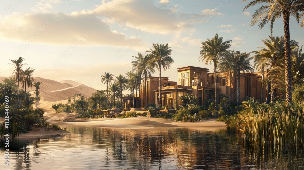 Fototapeta premium A serene desert oasis surrounded by towering date palms and calm, reflective water. The golden sand dunes in the background contrast beautifully with the lush greenery.
