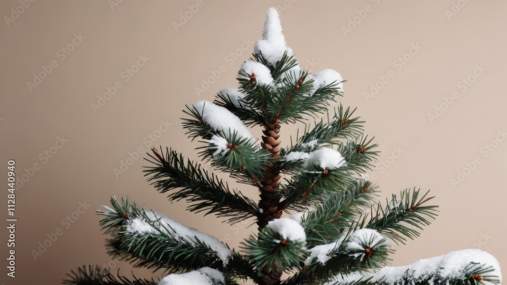 Snow-Covered Pine Tree Branch on Solid Background Snow-Covered Pine Tree Branch on Solid Background