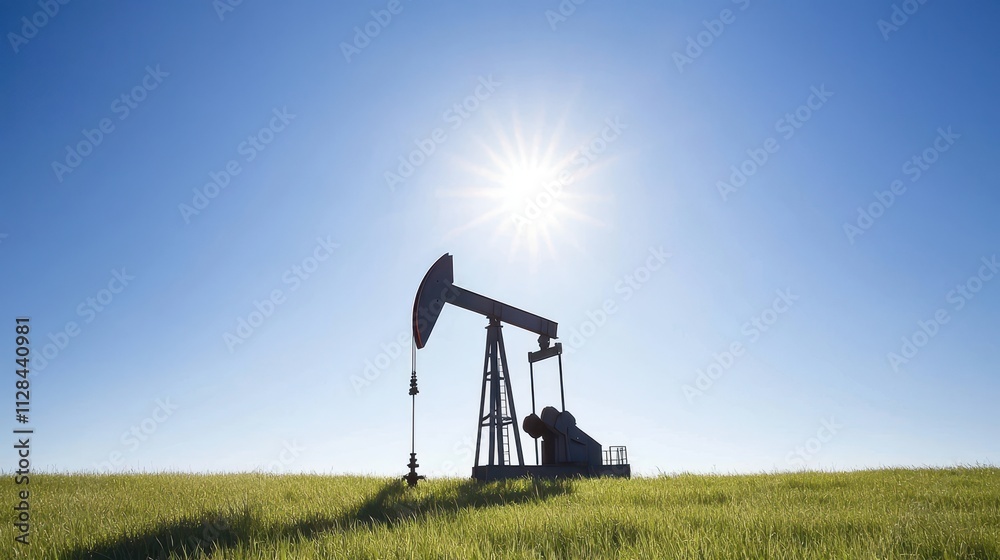 Naklejka premium Oil Pump Jack Silhouette in a Bright Blue Sky with Sunlight Over a Green Grass Field Illustrating Energy Production and Natural Resources in a Rural Landscape