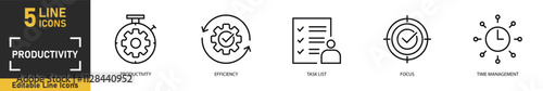 Productivity line icon set. Set of 5 outline icons related to productivity, efficiency, task list, focus, time management and more. Vector illustration.