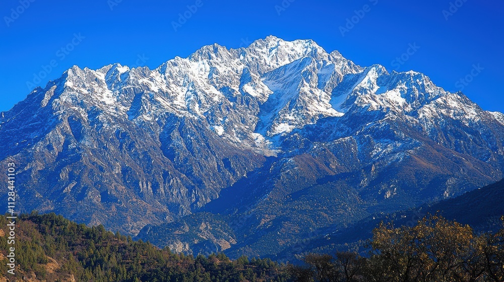A serene mountain range blanketed by fresh snow under a brilliant clear blue sky. The sunlight glistens off the icy peaks, creating a crisp and majestic atmosphere. A serene mountain range blanketed by fresh snow under a brilliant clear blue sky. The sunlight glistens off the icy peaks, creating a crisp and majestic atmosphere.