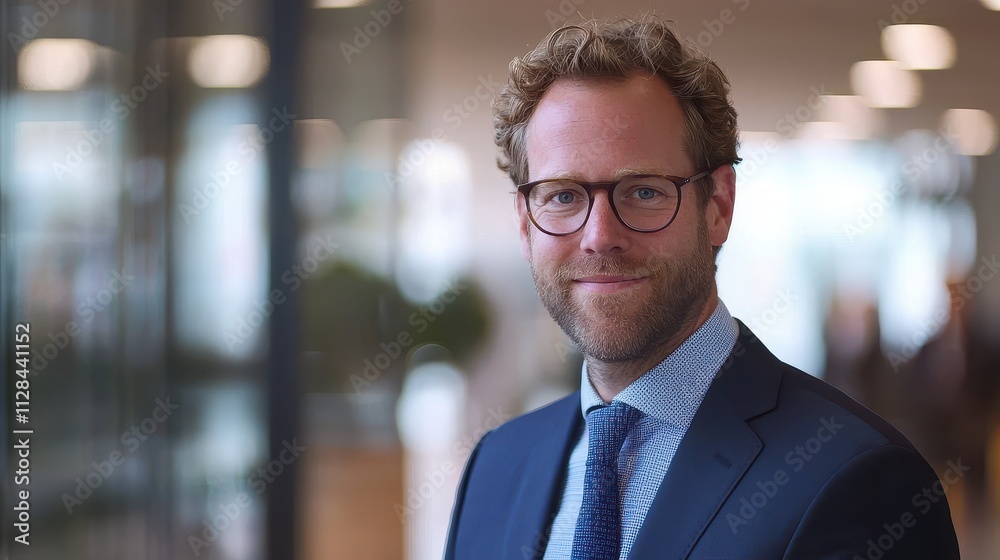 Professional Man with Glasses Smiling Confidently in Modern Office Setting, Ideal for Business or Corporate Concepts and Workplace Themes Professional Man with Glasses Smiling Confidently in Modern Office Setting, Ideal for Business or Corporate Concepts and Workplace Themes