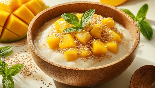 Delicious mango dessert in a wooden bowl with mint leaves.