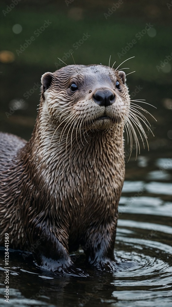 Otter emerging from the water, showcasing its playful nature in a serene aquatic environment Otter emerging from the water, showcasing its playful nature in a serene aquatic environment